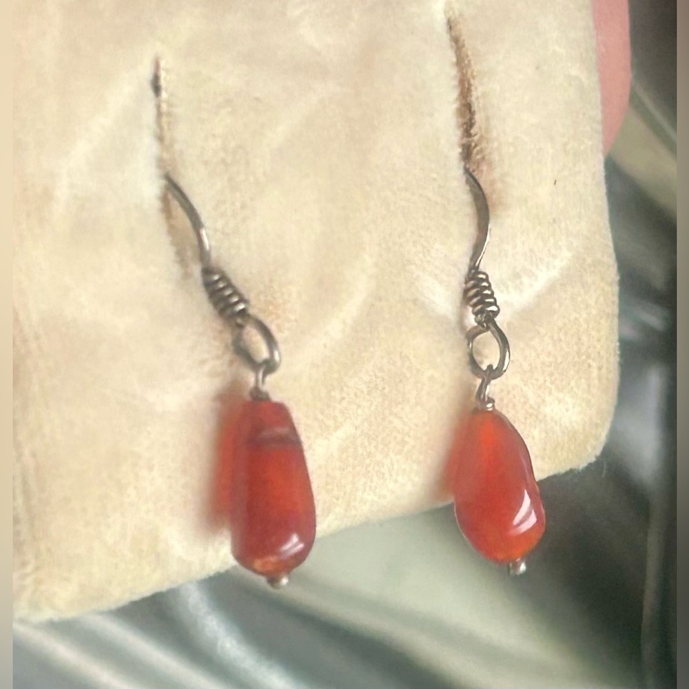 Vintage Carnelian Dangle Earrings Sterling Silver Teardrop Boho Jewelry Artisan - Picture 8 of 9